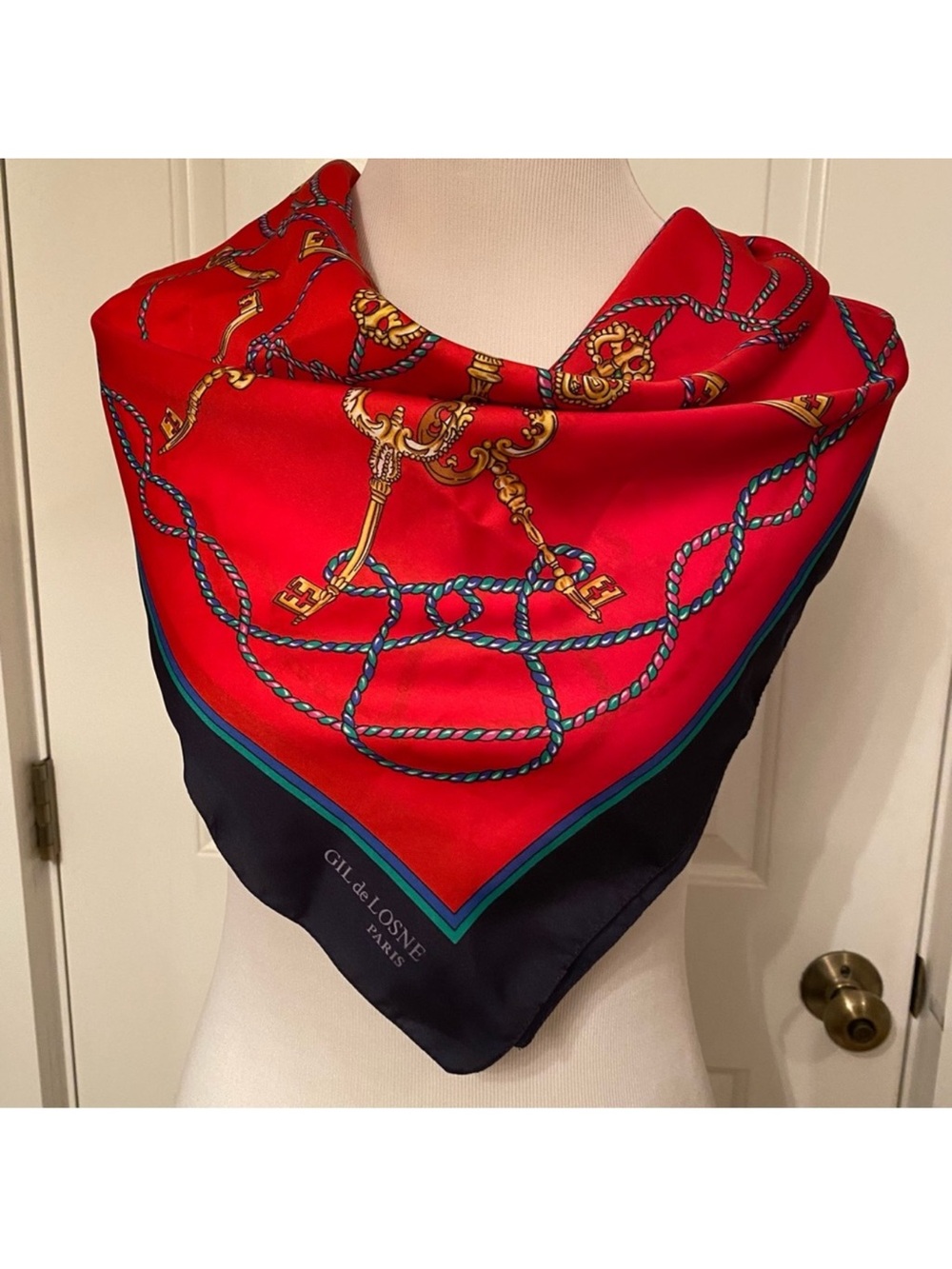 GIL DE LOSNE PARIS SCARF BLUE RED KEY ROPE PRINT SQUARE ACCESSORY VINTAGE